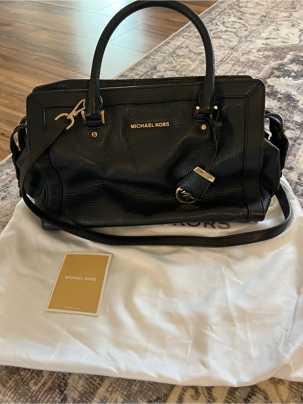 Michael Kors Black Pebbled Leather Satchel with Gold Hardware